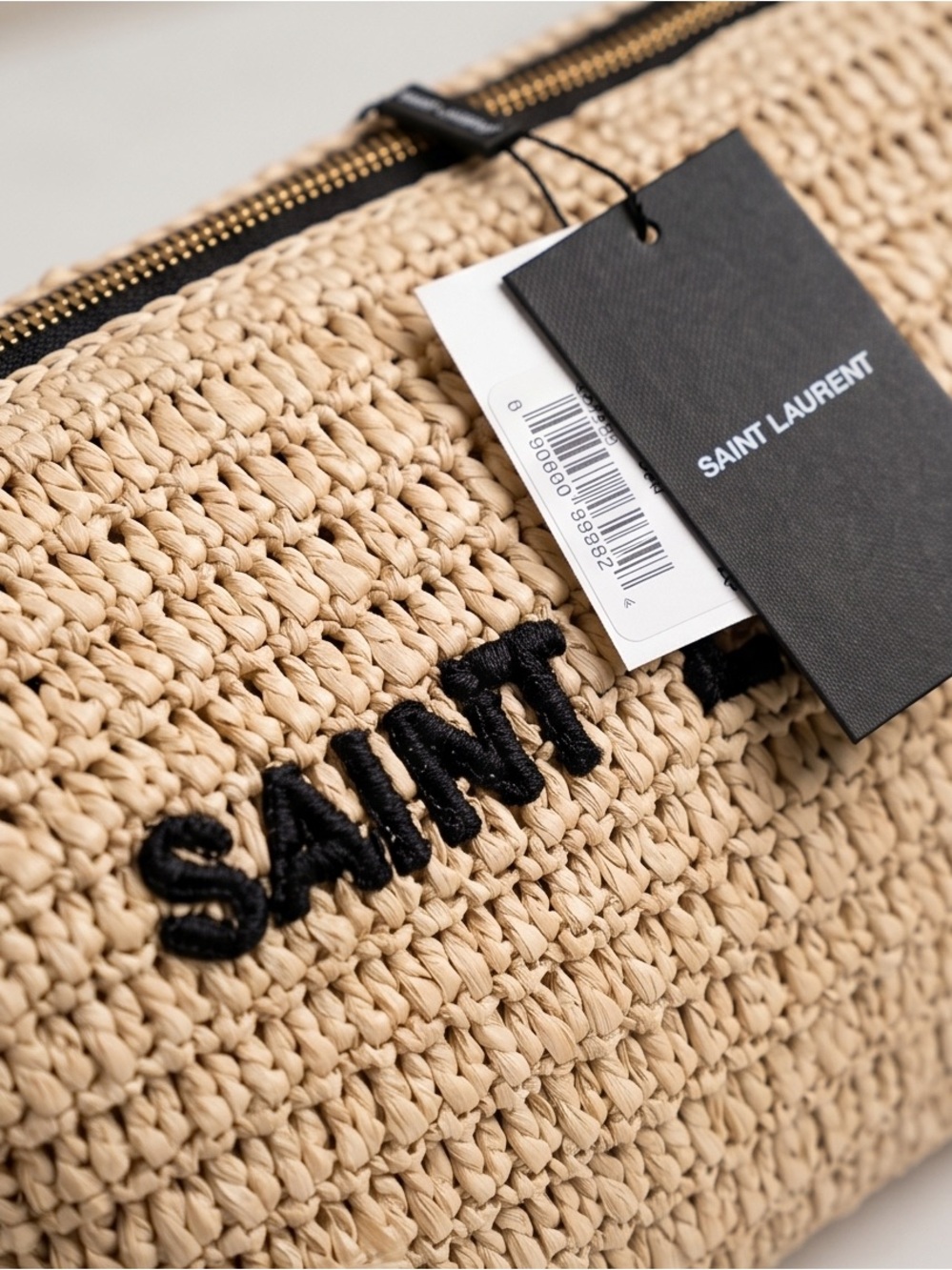 BNWT Saint Laurent Beige Raffia Pouch with Black Logo - Picture 3 of 6